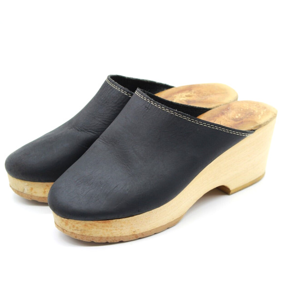 VTG Tano Womens Suki Leather Platform Wood Clogs Black Made In Spain Size 8 - Picture 3 of 7